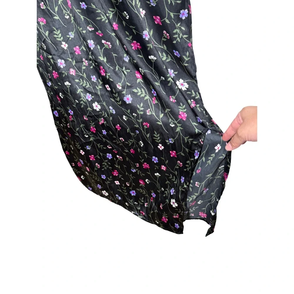 Vintage Fashion Bug Floral Satin Midi Skirt Black Pink Purple Plus 14W/16W USA